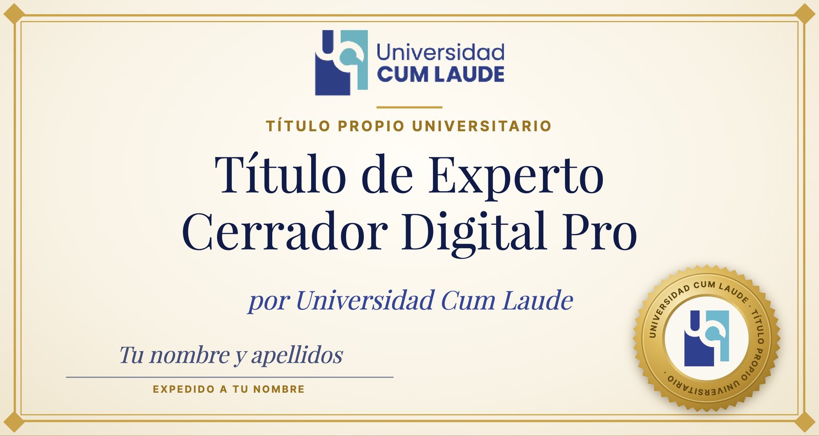 Título de Experto en Cerrador Digital Pro por Universidad Cum Laude, expedido a nombre del alumno